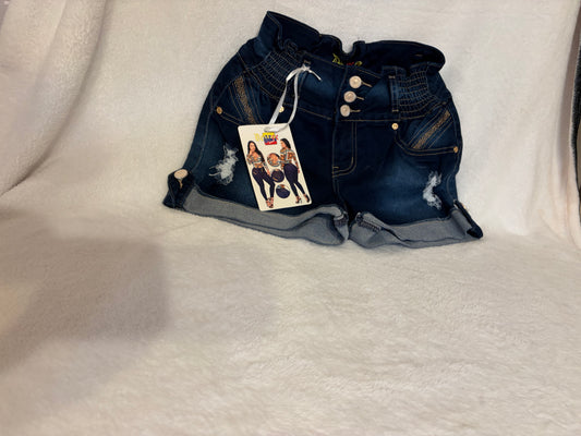 Colombian butt-lifting dark navy denim shorts with brand tag